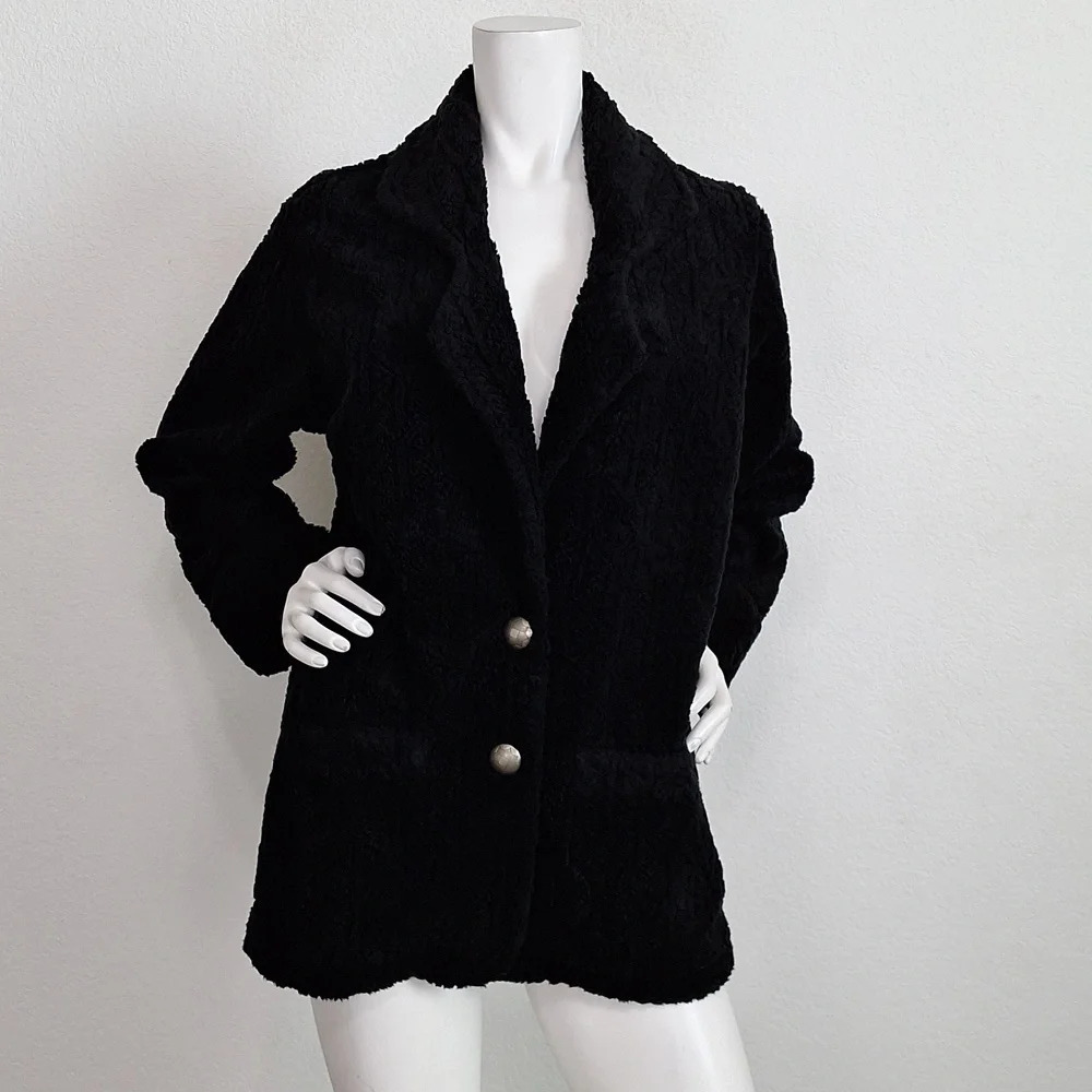 Woolrich Black Preppy Vintage Two Button Pockets Notch Collar Teddy Jacket Sz S